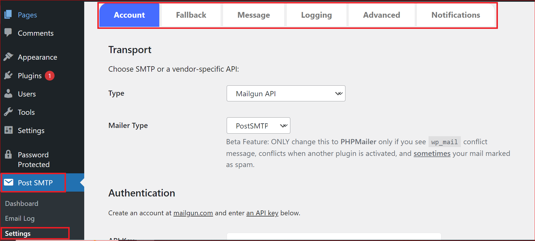 Post SMTP plugin settings and features 