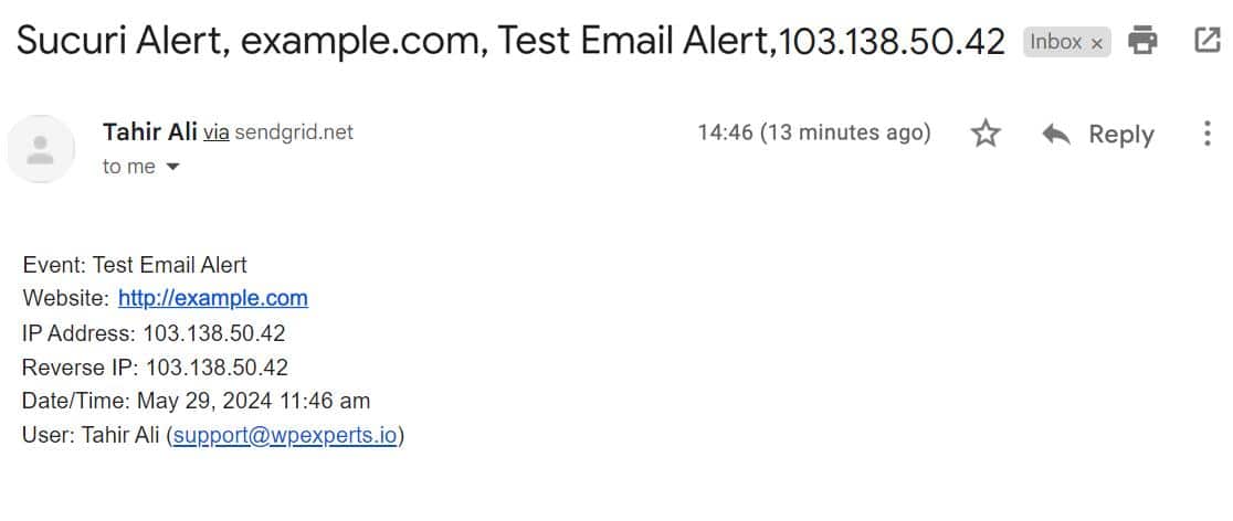 receive a test email alert from Sucuri