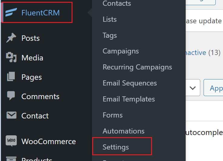 access your FluentCRM settings