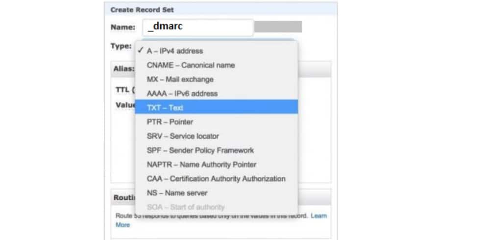 Adding DMARC record details in AWS Route 53