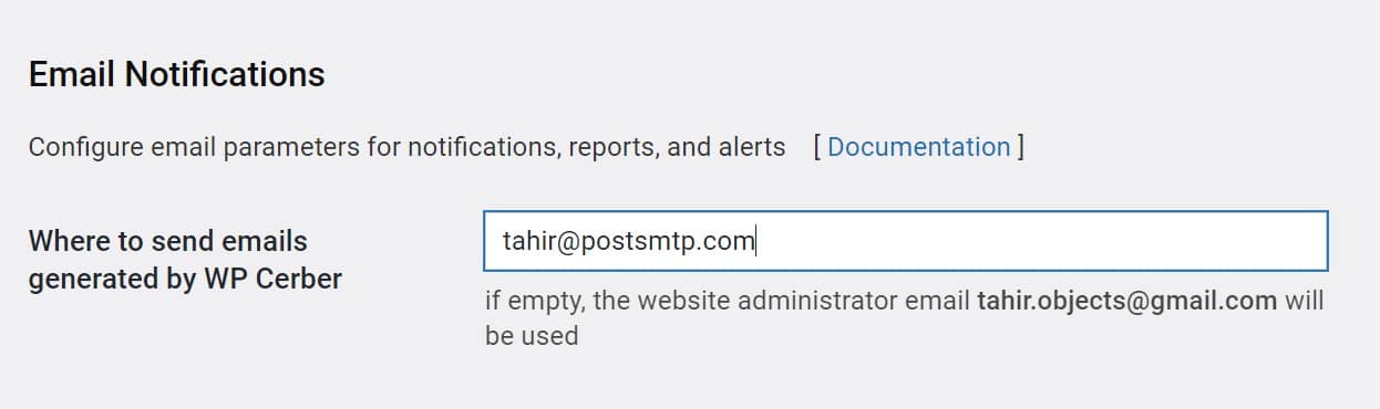 Email notifications setup in WP Cerber Security