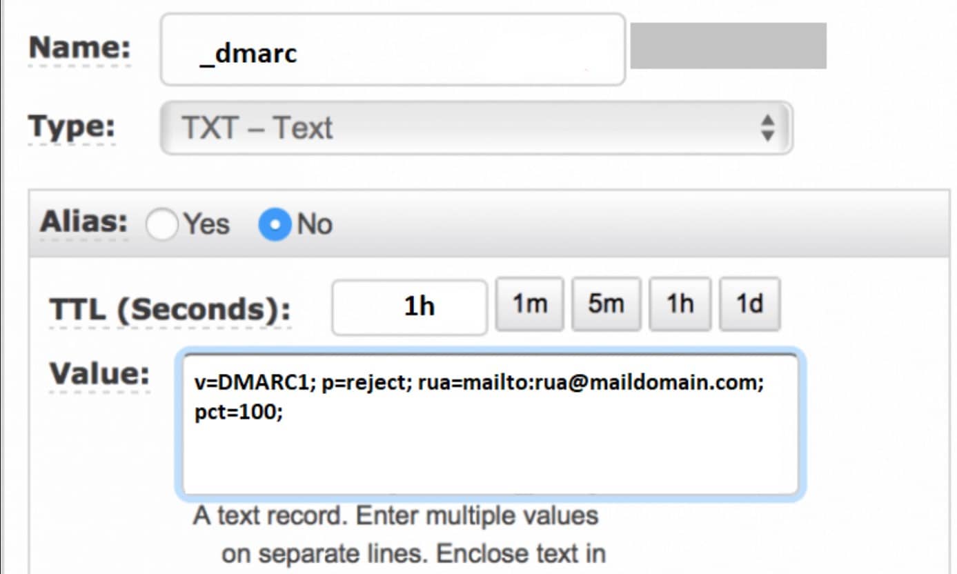 Pasting DMARC record in the Value field in AWS Route 53