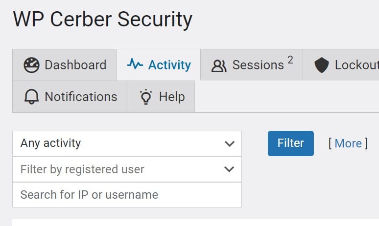 Clicking the Activity tab in WP Cerber Security