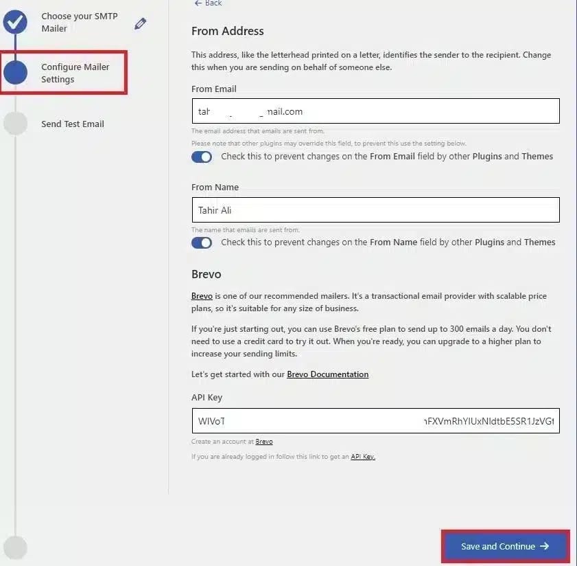 Section for pasting the API key from the selected SMTP provider.