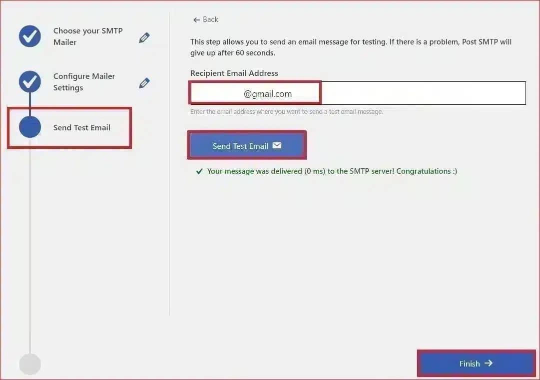 Interface for sending a test email in Post SMTP.