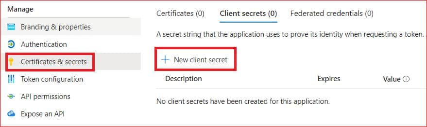 Certificates and secrets management screen