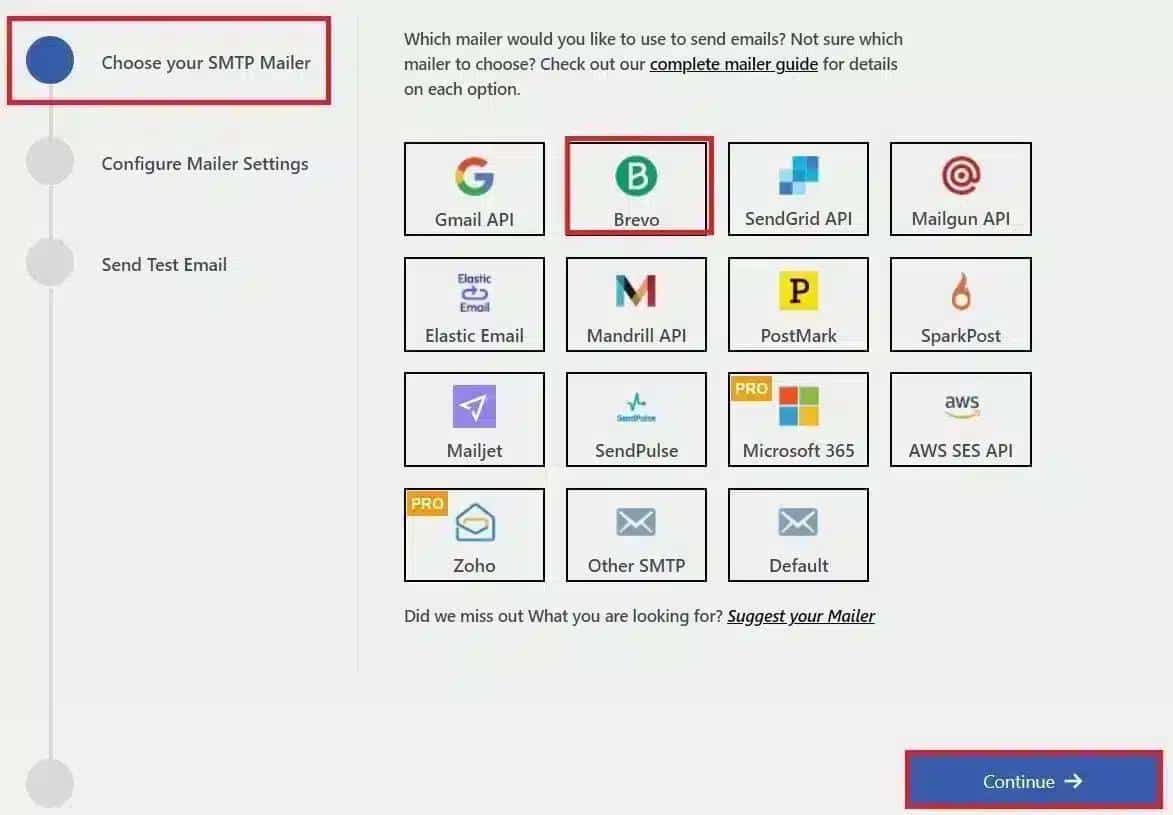 Selection screen for choosing the SMTP service provider