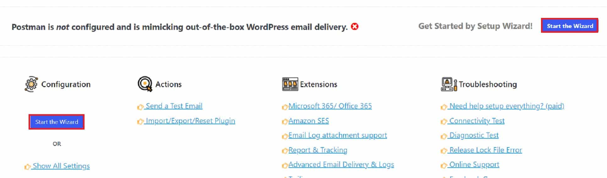 Start the wizard setup for Postman SMTP