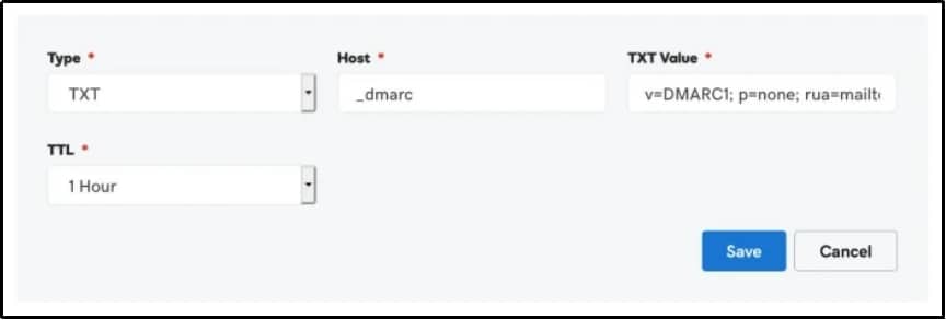 Screenshot of entering DMARC record information in GoDaddy's interface.