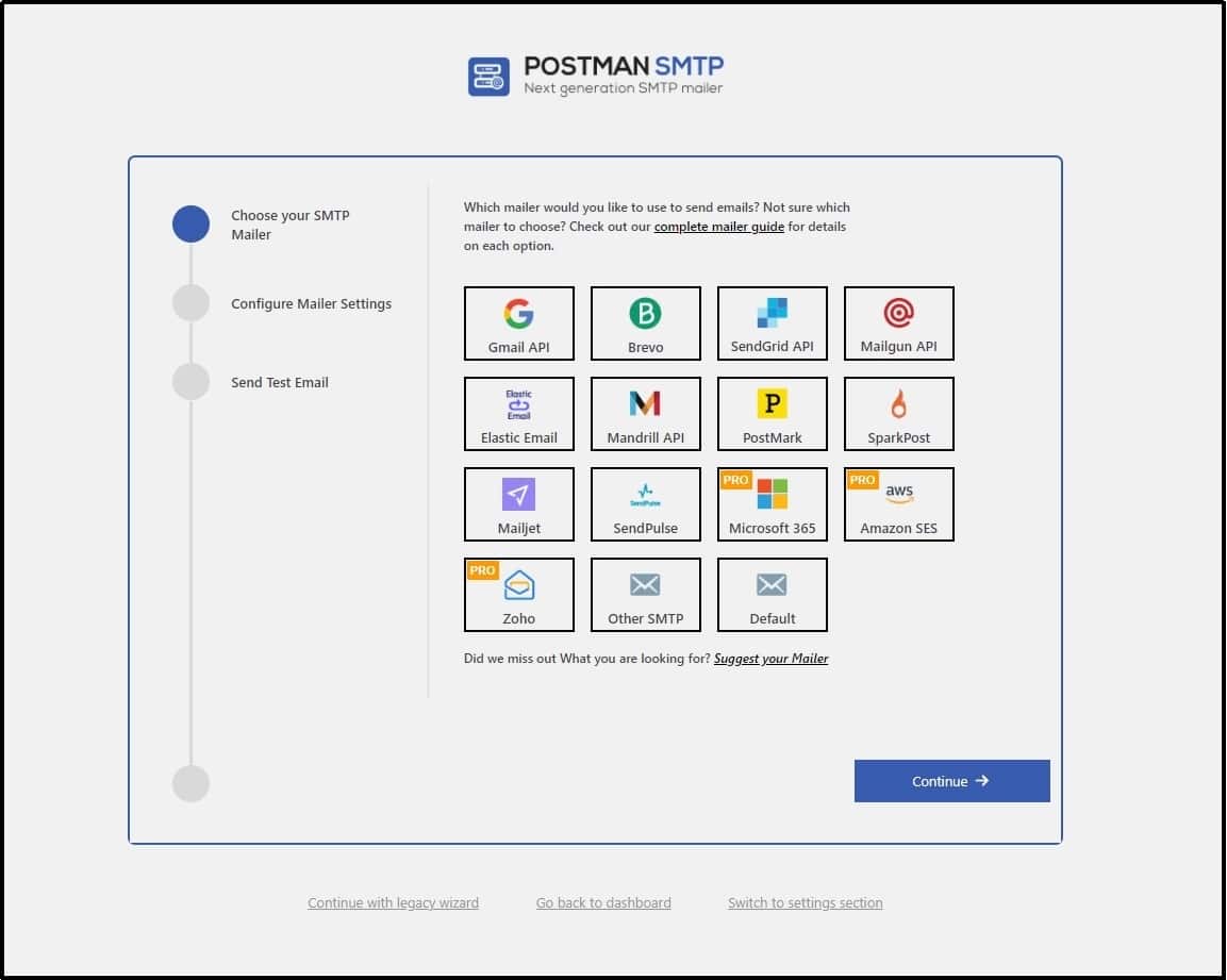 Screenshot listing different email mailer options to choose from.