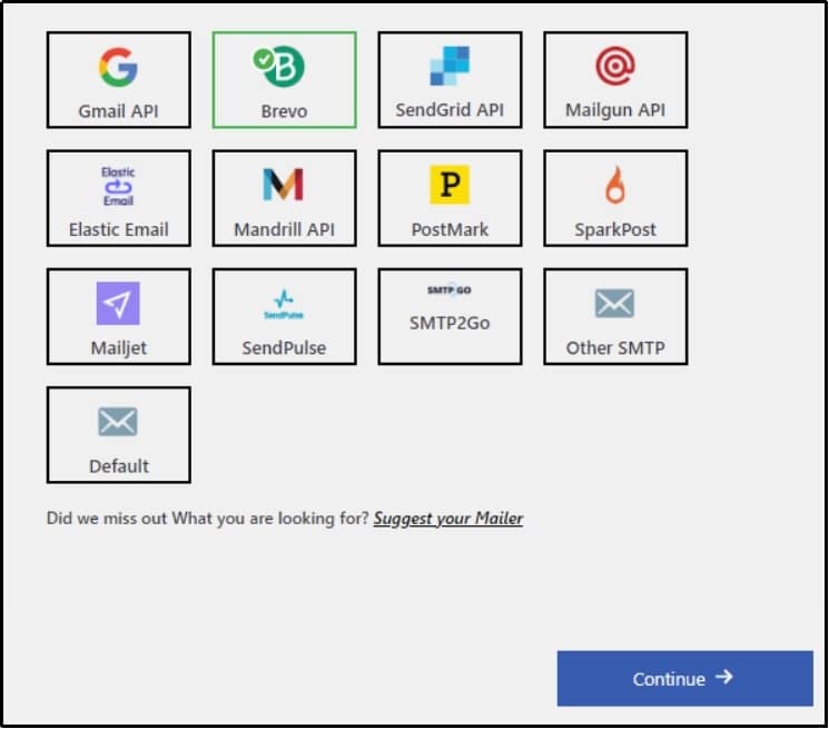 Close-up of a "Continue" button for proceeding with email setup.